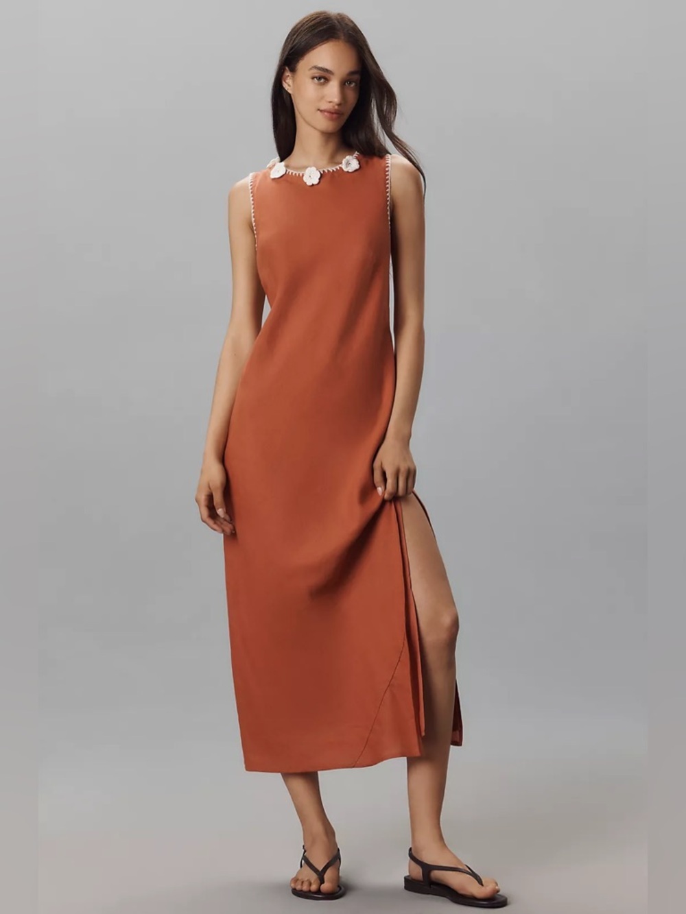 NWT Anthropologie Linen Blend Sleeveless Crochet-Trim Midi Dress Retail $178